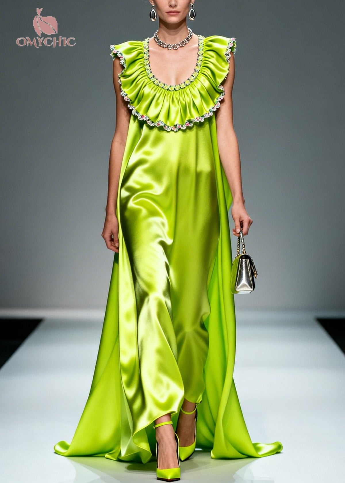 Scoop Neck Pleated Ruffle Collar Embroidered Trim Satin Maxi Gown