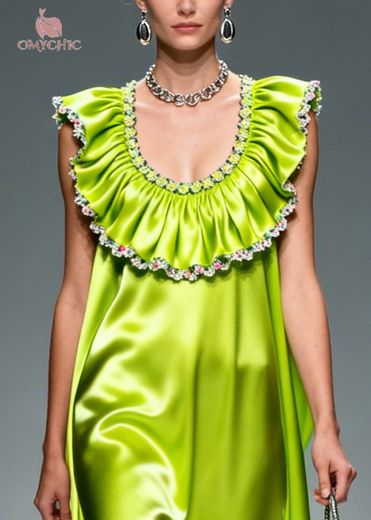 Scoop Neck Pleated Ruffle Collar Embroidered Trim Satin Maxi Gown