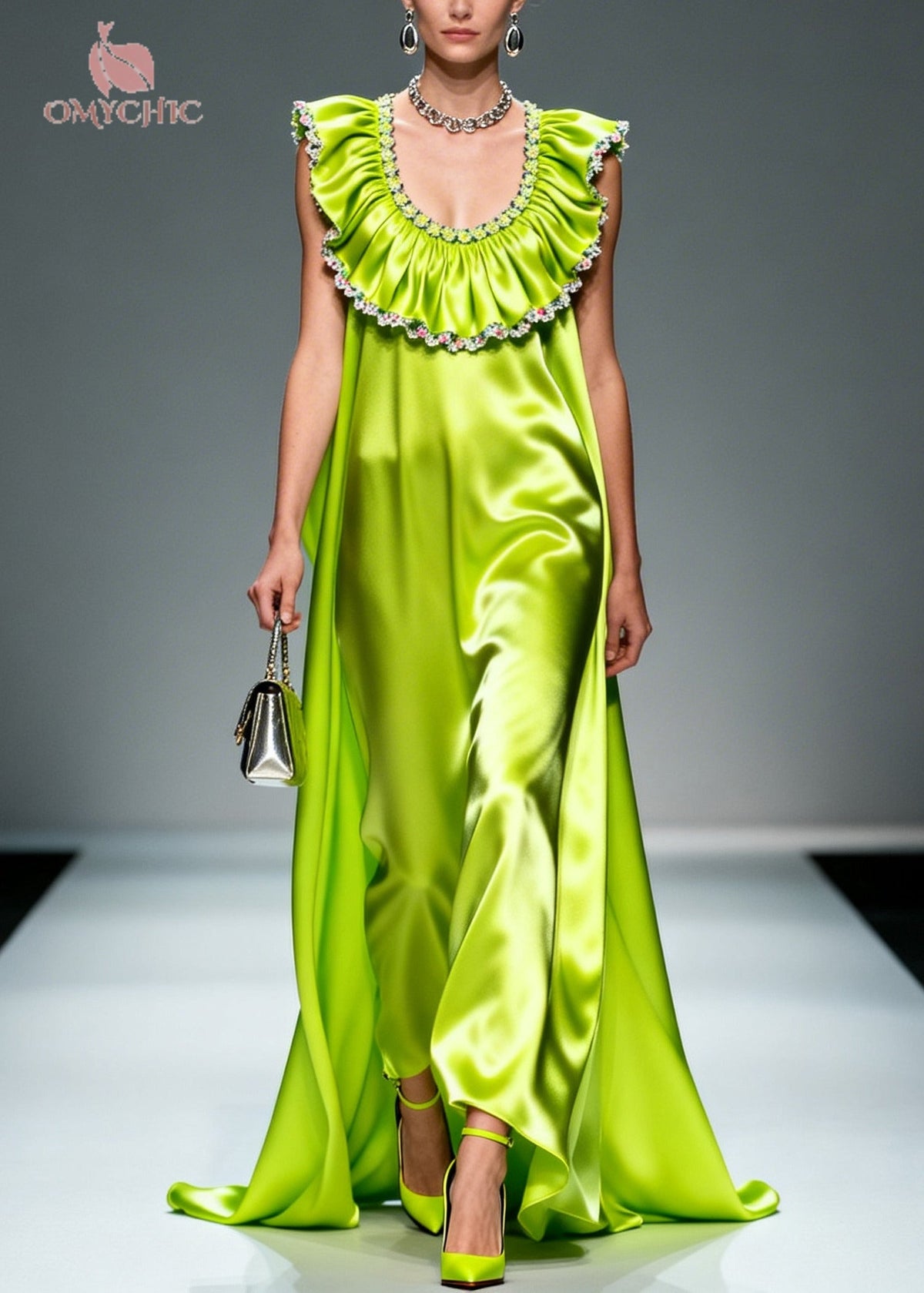 Scoop Neck Pleated Ruffle Collar Embroidered Trim Satin Maxi Gown
