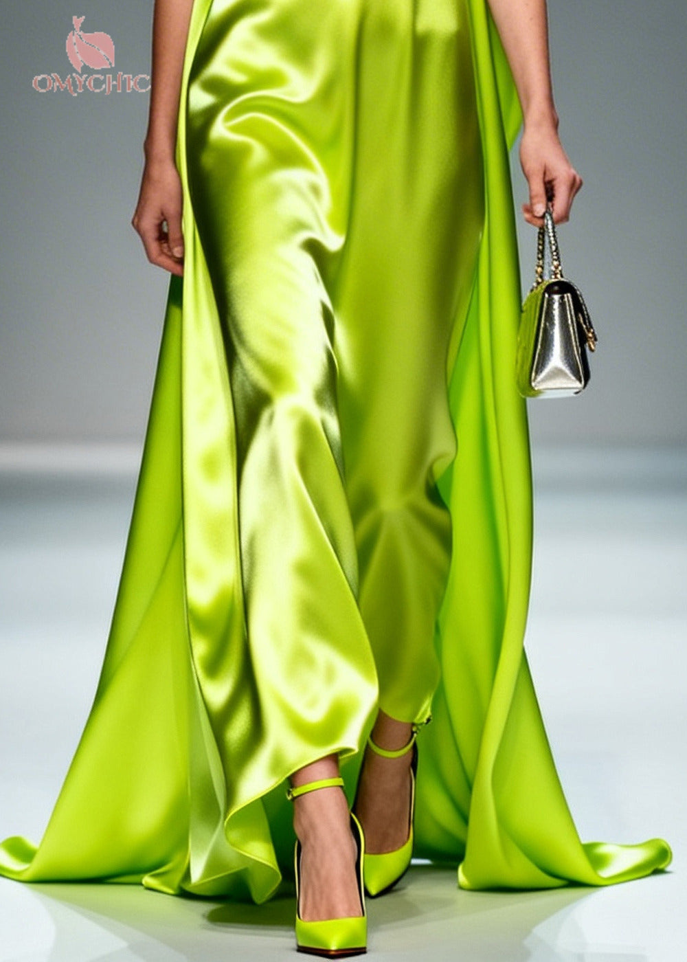 Scoop Neck Pleated Ruffle Collar Embroidered Trim Satin Maxi Gown
