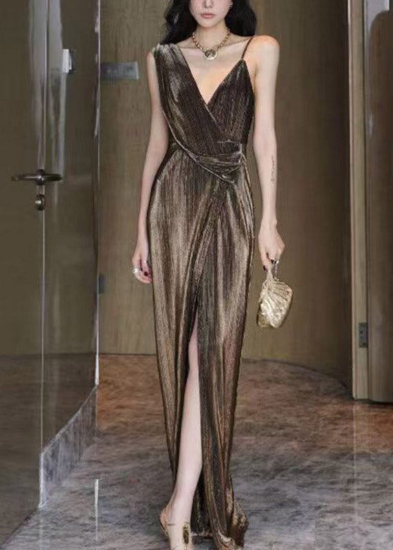 Asymmetrical One-Shoulder Pleated Wrap High-Slit Metallic Maxi Gown