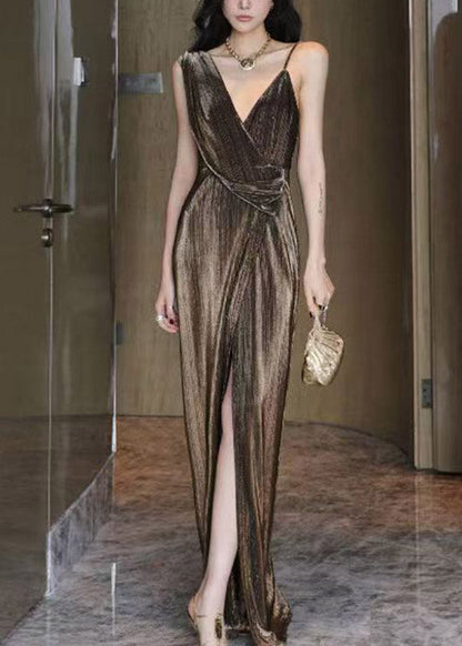Asymmetrical One-Shoulder Pleated Wrap High-Slit Metallic Maxi Gown