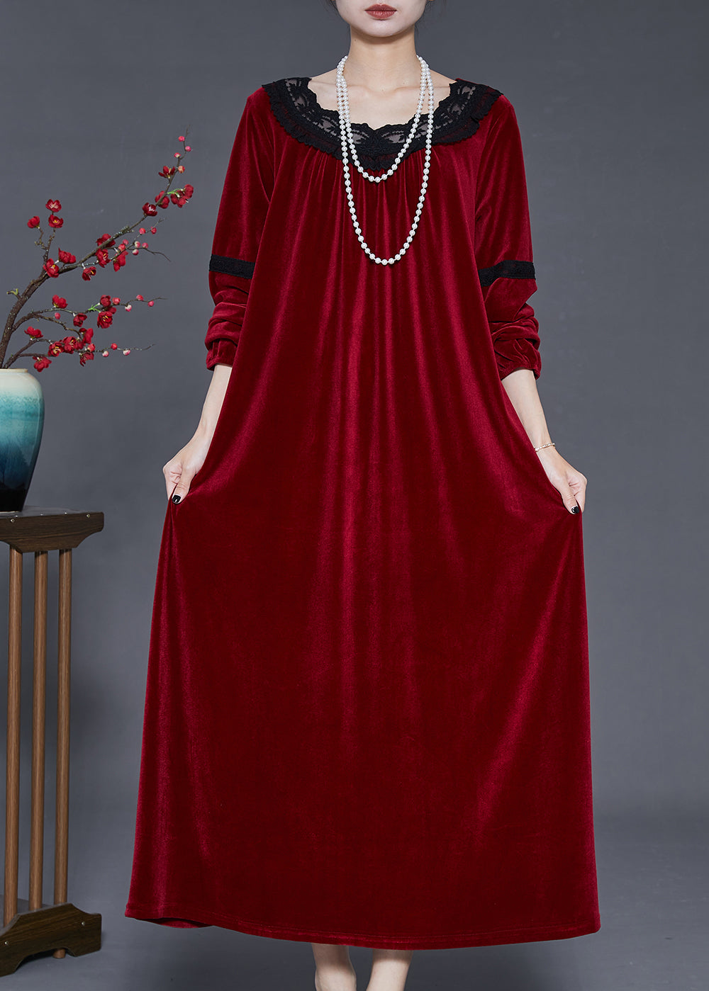 Round Neck Lace Trim Band Velvet Oversized Floor Length Dress