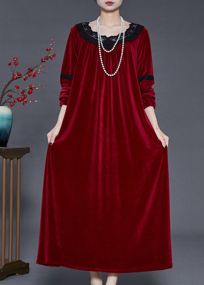 Round Neck Lace Trim Band Velvet Oversized Floor Length Dress