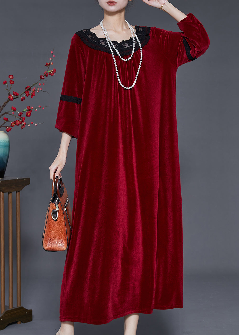 Round Neck Lace Trim Band Velvet Oversized Floor Length Dress
