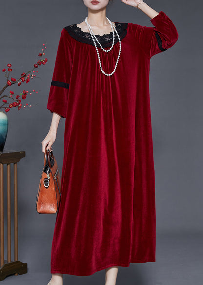 Round Neck Lace Trim Band Velvet Oversized Floor Length Dress