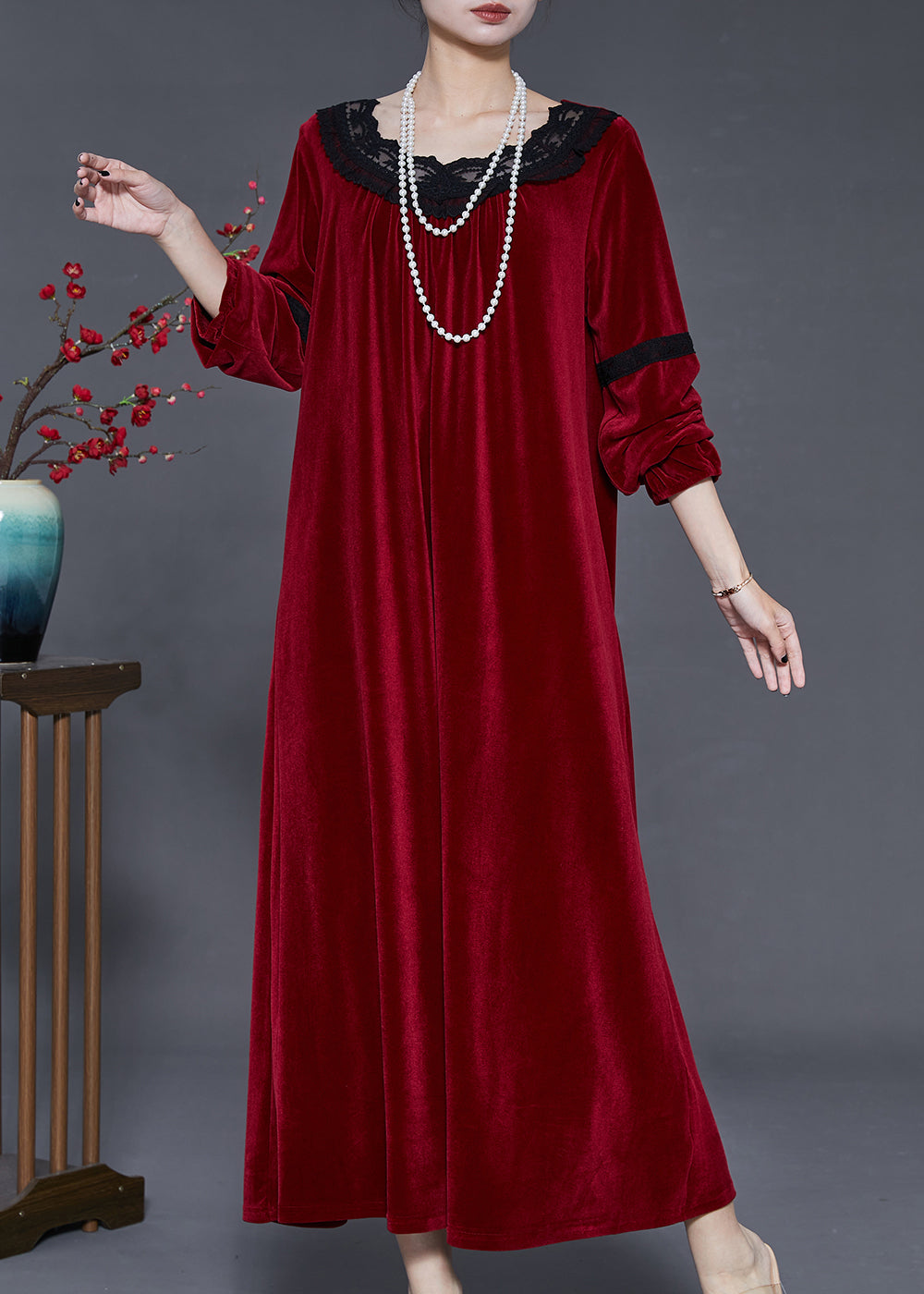 Round Neck Lace Trim Band Velvet Oversized Floor Length Dress