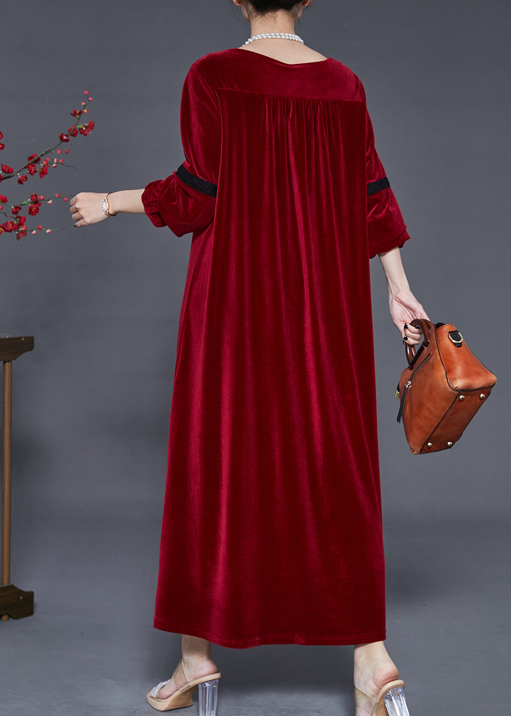 Round Neck Lace Trim Band Velvet Oversized Floor Length Dress