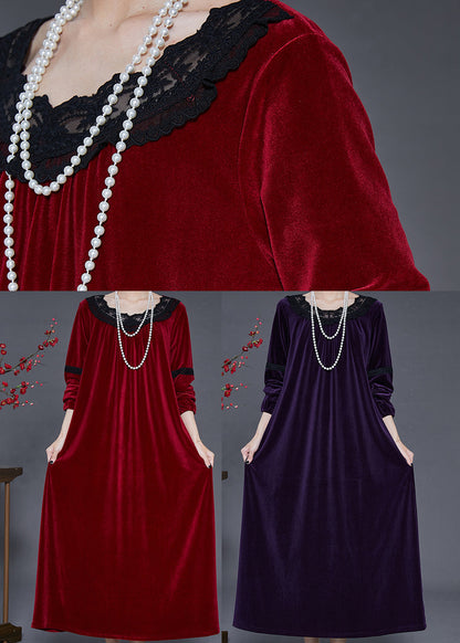 Round Neck Lace Trim Band Velvet Oversized Floor Length Dress