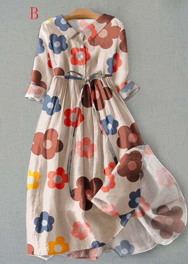 Peter Pan Collar Floral Print Lace Up Cotton Maxi Dress
