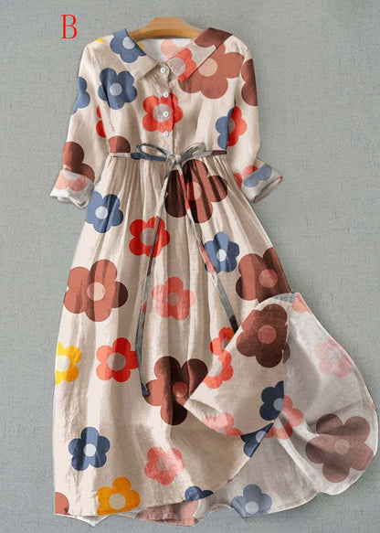 Peter Pan Collar Floral Print Lace Up Cotton Maxi Dress
