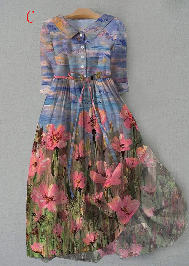 Peter Pan Collar Floral Print Lace Up Cotton Maxi Dress