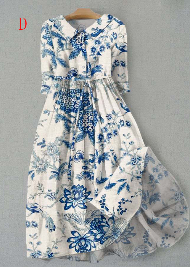 Peter Pan Collar Floral Print Lace Up Cotton Maxi Dress