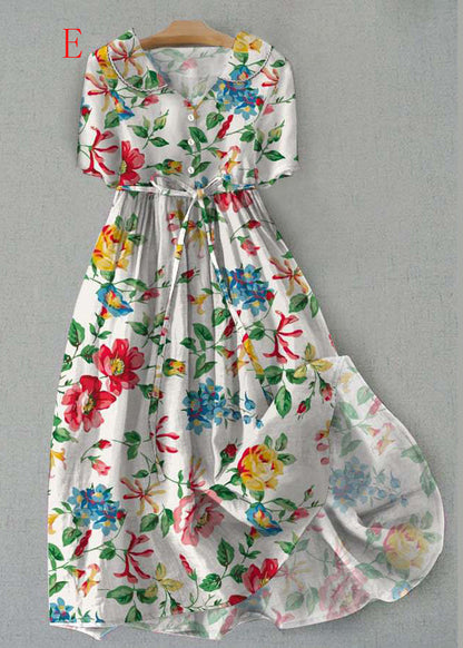 Peter Pan Collar Floral Print Lace Up Cotton Maxi Dress