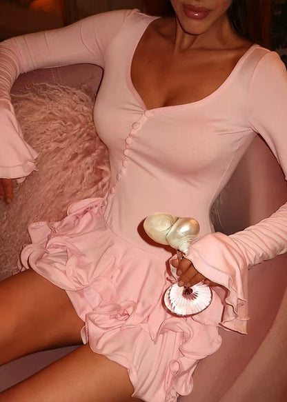 Scoop Neck Button Front Ruffle Cuff Tiered Hem Mini Dress