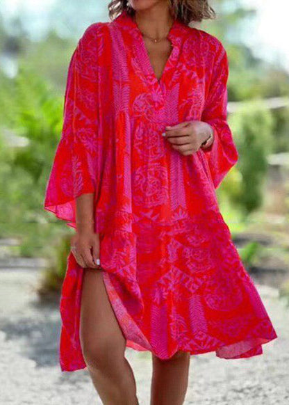 Deep V Neck Three Quarter Sleeve Tiered Panel Print Midi Dress