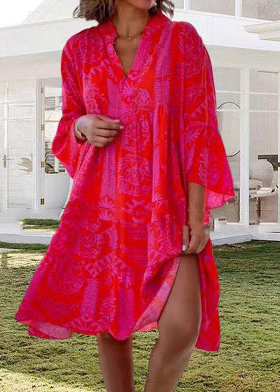 Deep V Neck Three Quarter Sleeve Tiered Panel Print Midi Dress