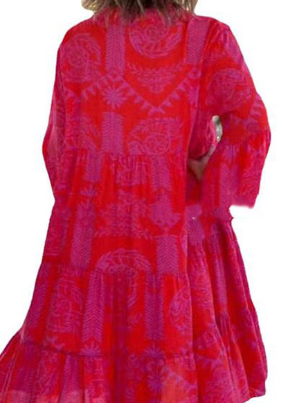 Deep V Neck Three Quarter Sleeve Tiered Panel Print Midi Dress
