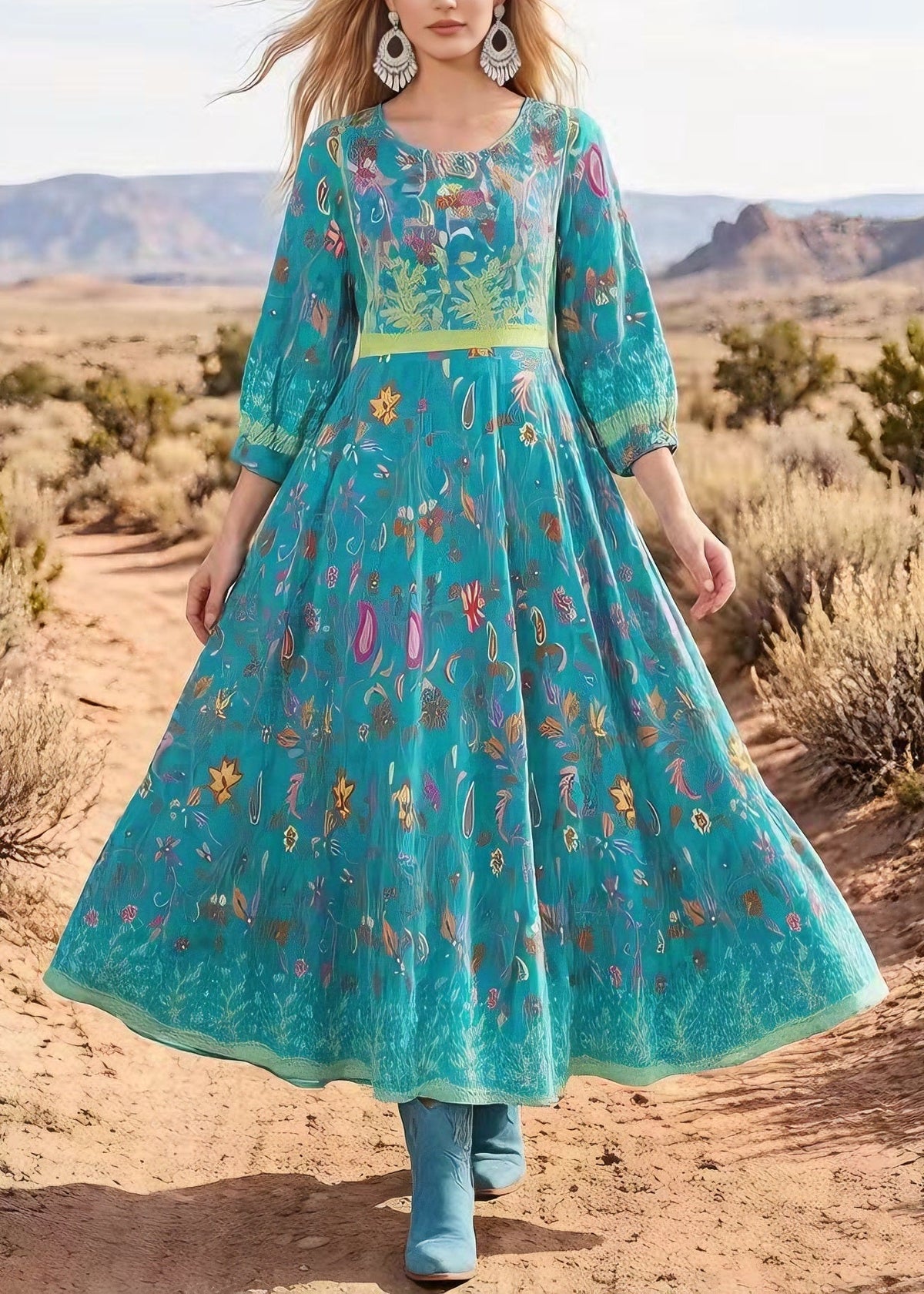 Round Neck Three-Quarter Sleeve Botanical Paisley Print A-Line Midi Dress