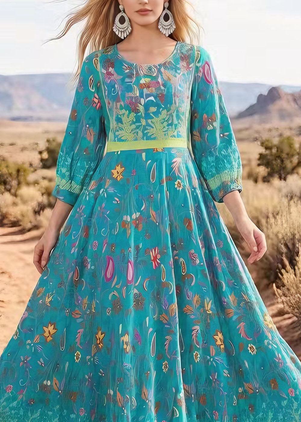 Round Neck Three-Quarter Sleeve Botanical Paisley Print A-Line Midi Dress