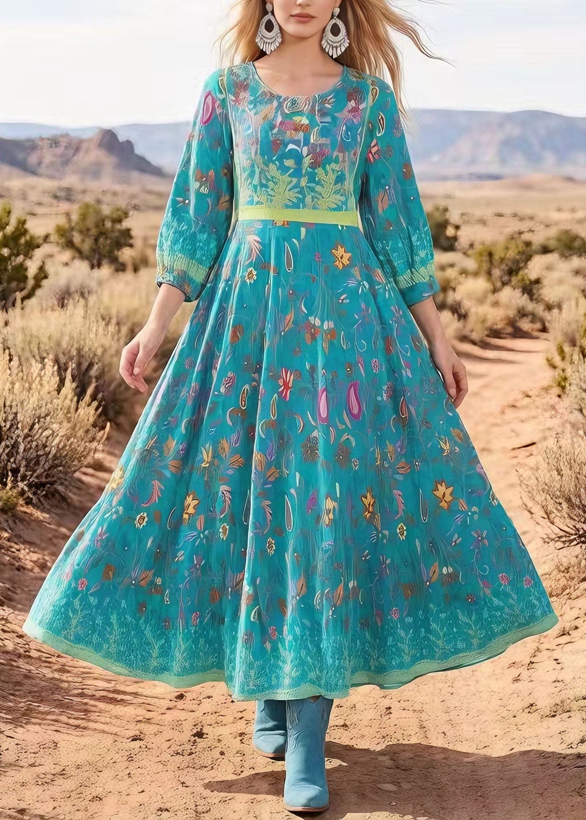 Round Neck Three-Quarter Sleeve Botanical Paisley Print A-Line Midi Dress