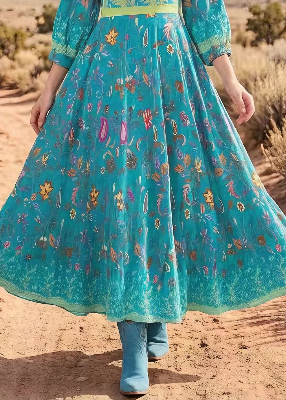 Round Neck Three-Quarter Sleeve Botanical Paisley Print A-Line Midi Dress