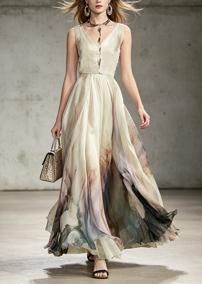Deep V-Neck Sleeveless Watercolor Print Sheer A-Line Maxi Dress