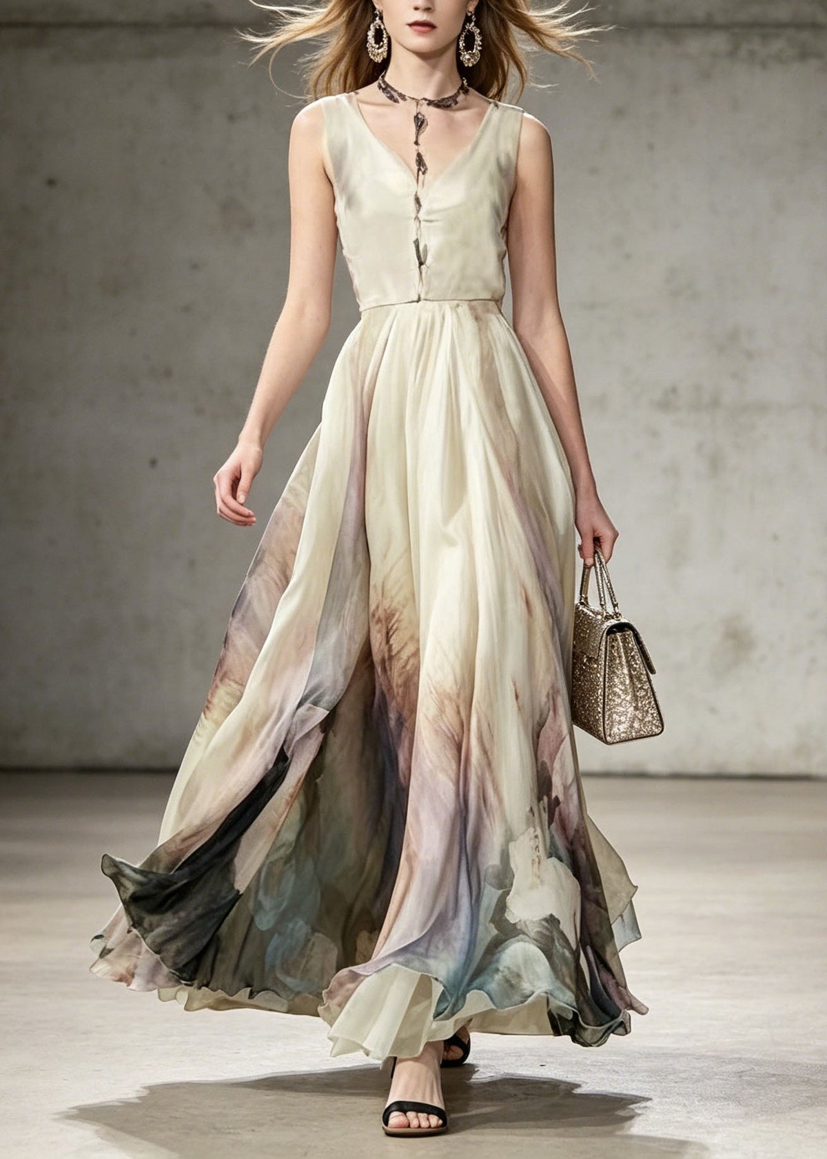 Deep V-Neck Sleeveless Watercolor Print Sheer A-Line Maxi Dress