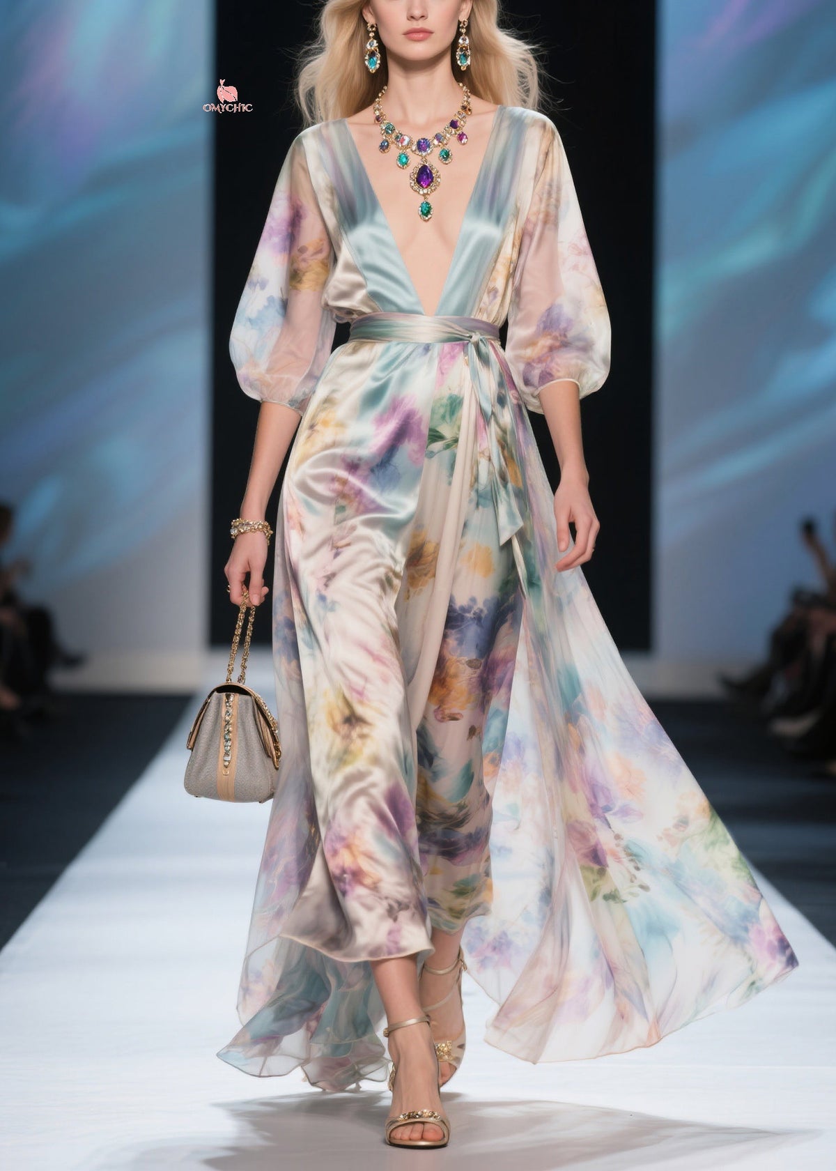 Deep V-Neck Puff Sleeve Tie Waist Watercolor Print Maxi Dress
