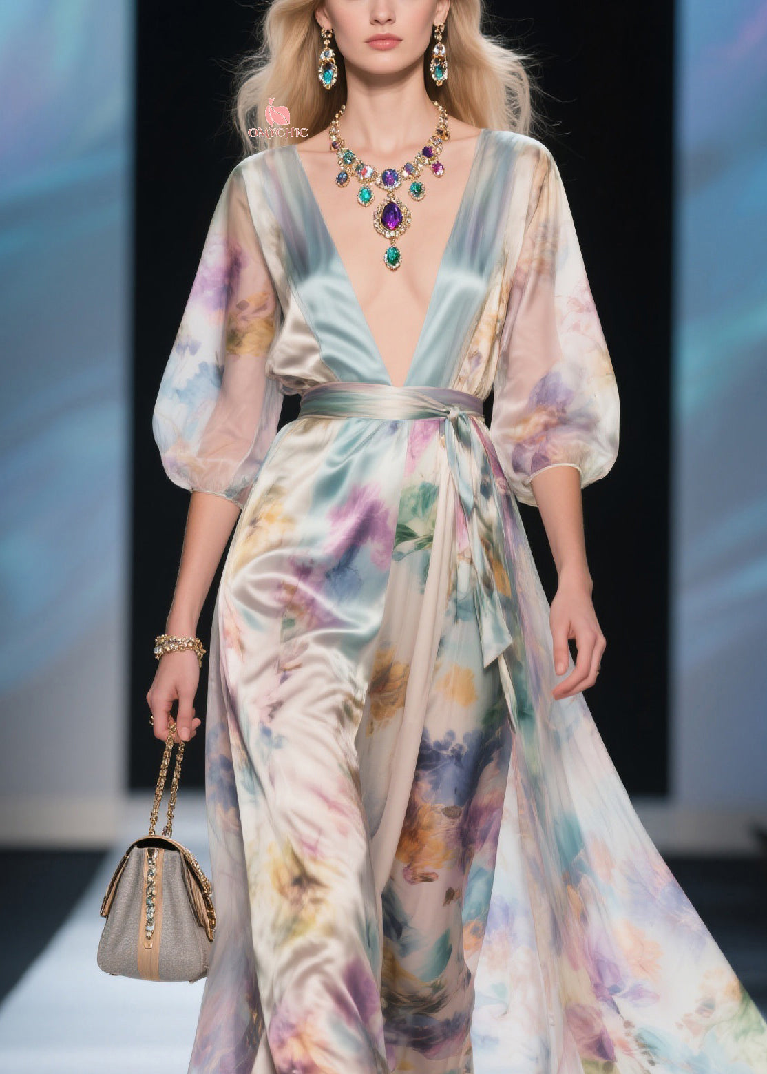 Deep V-Neck Puff Sleeve Tie Waist Watercolor Print Maxi Dress