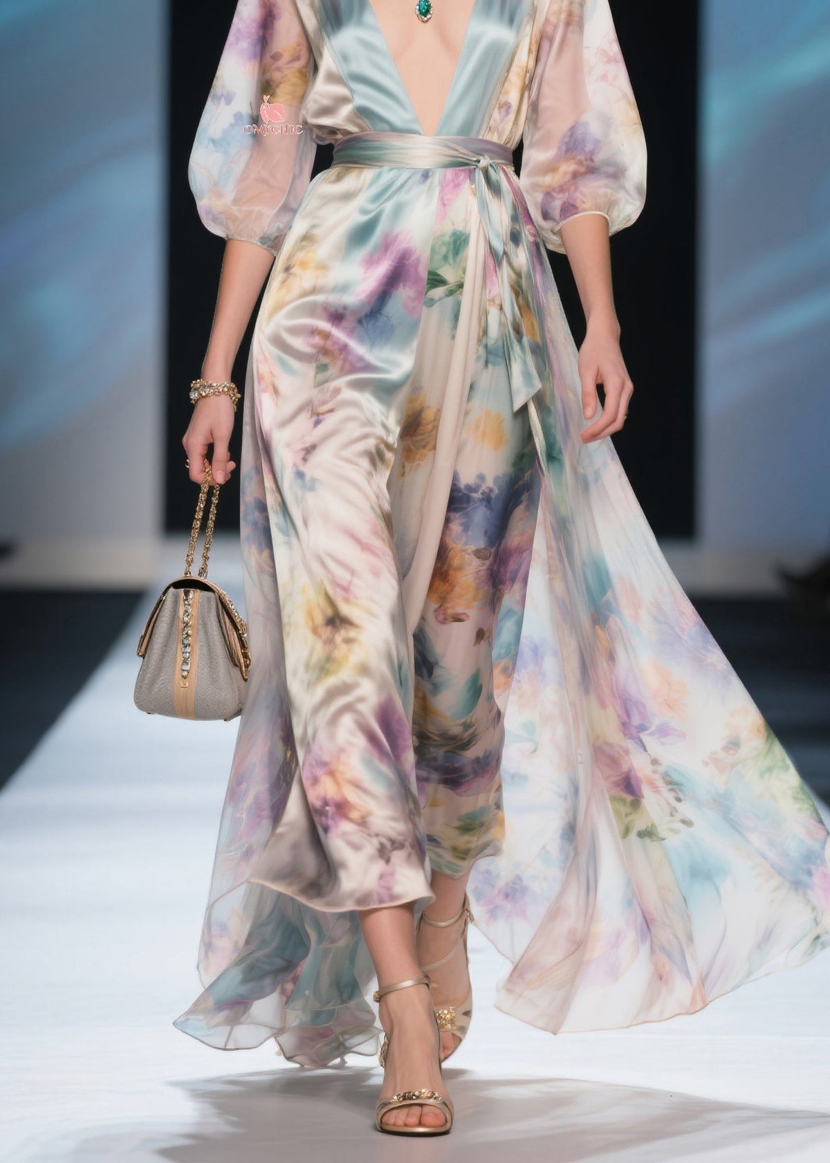Deep V-Neck Puff Sleeve Tie Waist Watercolor Print Maxi Dress