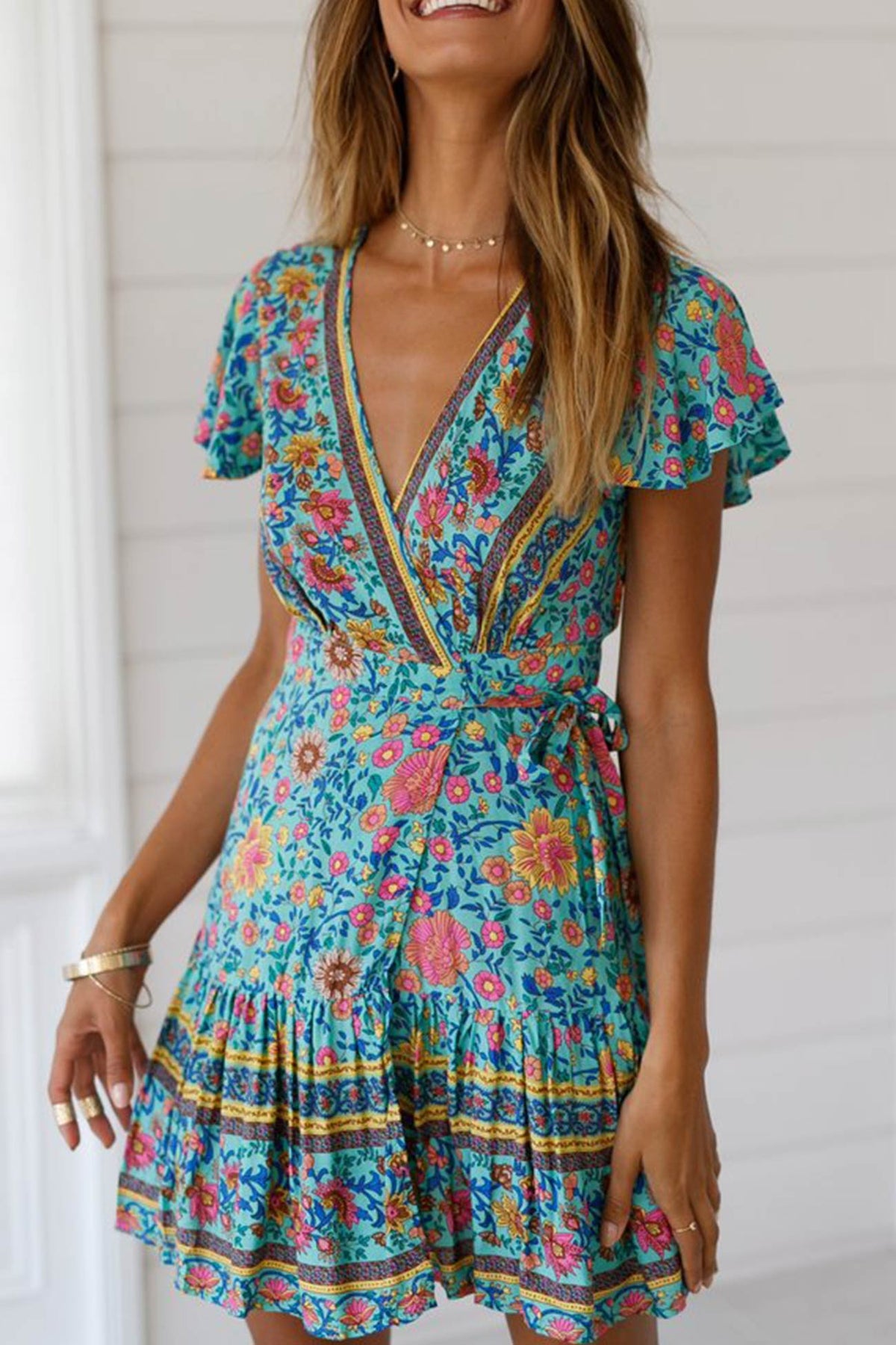 Bohemian V Neck Tie-waist Slit Mini Dress