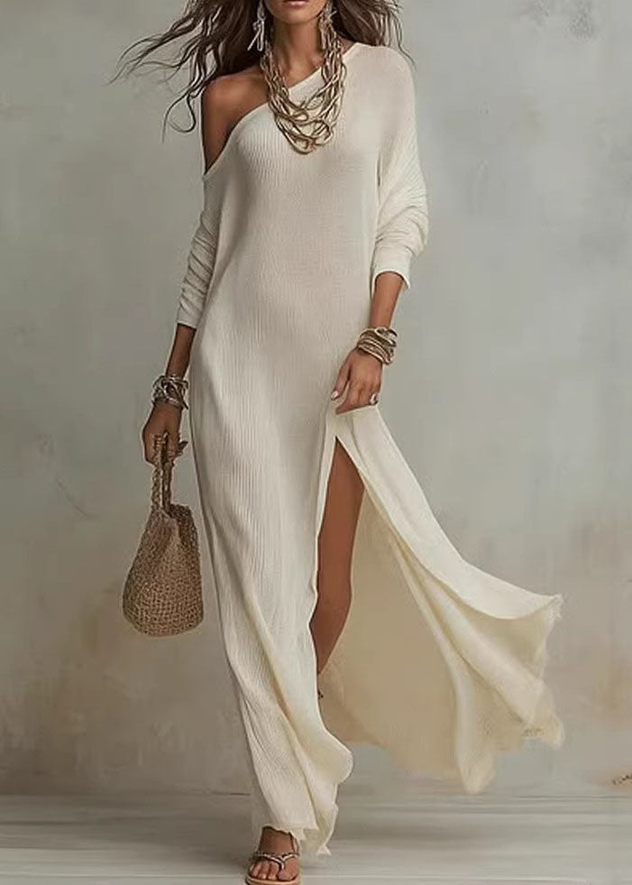 One Shoulder Long Sleeve Ribbed High Slit Maxi Dress