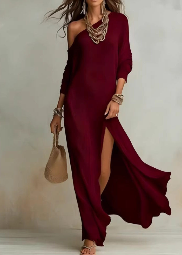 One Shoulder Long Sleeve Ribbed High Slit Maxi Dress
