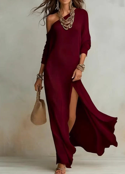 One Shoulder Long Sleeve Ribbed High Slit Maxi Dress