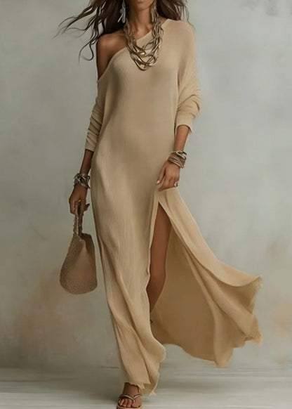 One Shoulder Long Sleeve Ribbed High Slit Maxi Dress