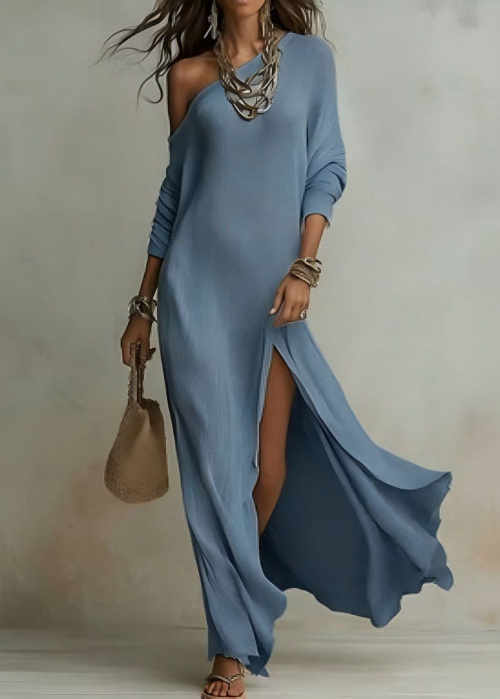 One Shoulder Long Sleeve Ribbed High Slit Maxi Dress