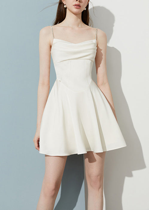 Straight Neck Crystal Strap Draped Fold Bodice Pleated Skater Mini Dress