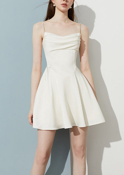 Straight Neck Crystal Strap Draped Fold Bodice Pleated Skater Mini Dress