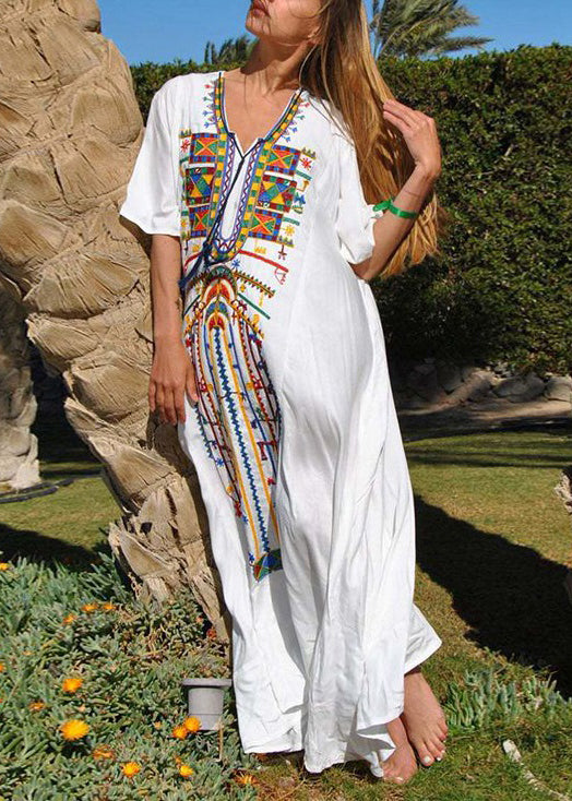 Deep V Neck Geometric Embroidered Panel Tie Cord Maxi Dress