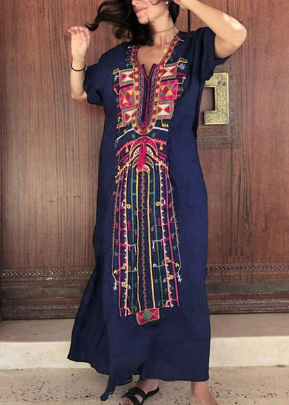 Deep V Neck Geometric Embroidered Panel Tie Cord Maxi Dress