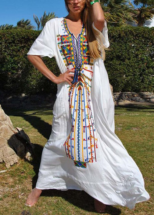 Deep V Neck Geometric Embroidered Panel Tie Cord Maxi Dress