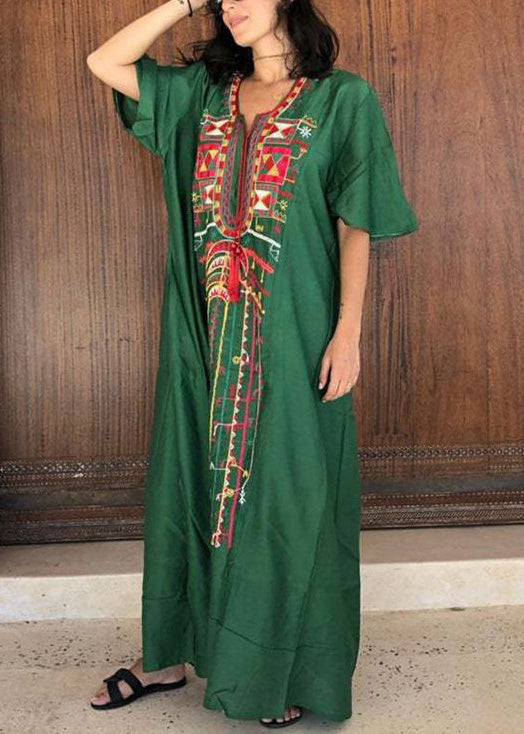 Deep V Neck Geometric Embroidered Panel Tie Cord Maxi Dress