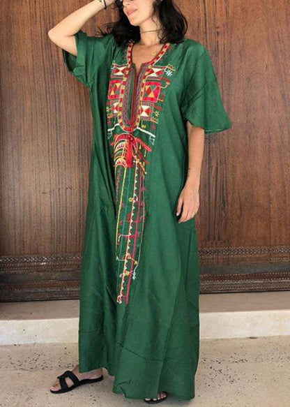 Deep V Neck Geometric Embroidered Panel Tie Cord Maxi Dress