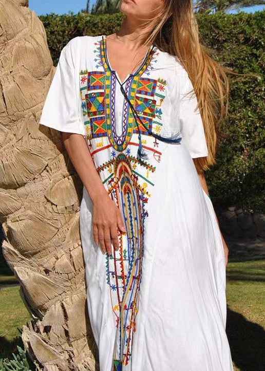 Deep V Neck Geometric Embroidered Panel Tie Cord Maxi Dress