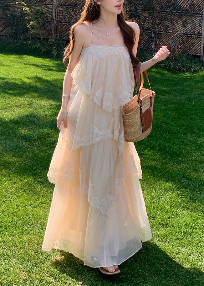 Spaghetti Strap Tiered Tulle Lace Border Ruffled Hem Maxi Dress