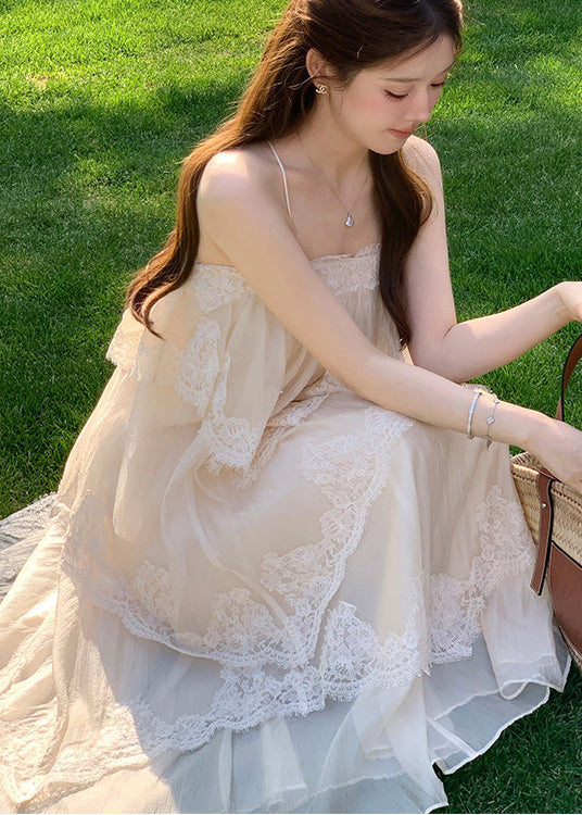Spaghetti Strap Tiered Tulle Lace Border Ruffled Hem Maxi Dress