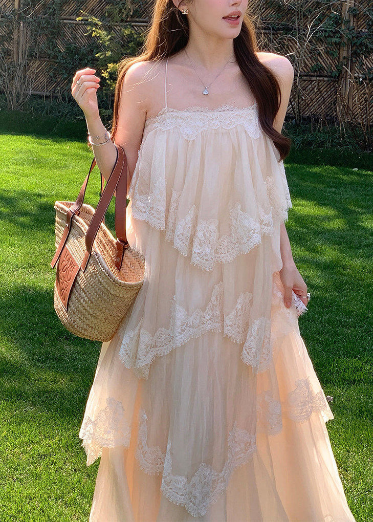 Spaghetti Strap Tiered Tulle Lace Border Ruffled Hem Maxi Dress