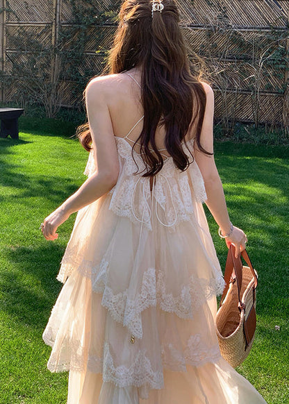 Spaghetti Strap Tiered Tulle Lace Border Ruffled Hem Maxi Dress