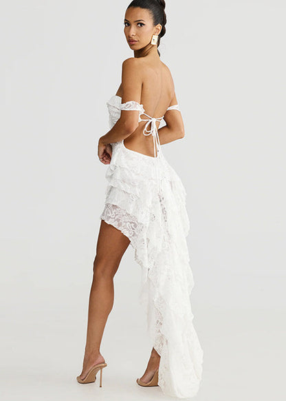 Off-Shoulder Sweetheart Lace Tie Tiered High-Low Gown